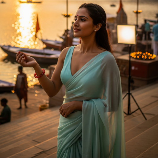 Woman in a light blue saree standing by a waterfront with boats and people in the background.